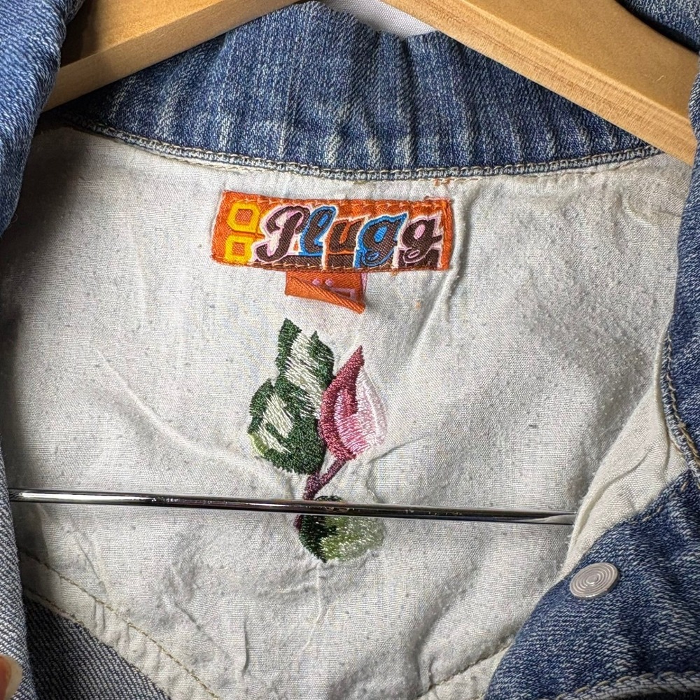 Vintage‎ Plugg Denim Jacket Womens Blue Distressed Bleach Floral Y2K Trucker - Picture 7 of 10